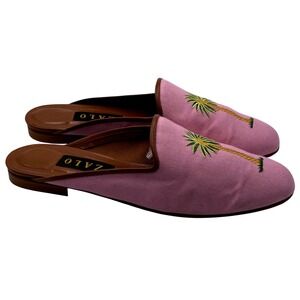 ZALO Pink Palm Tree Embroidered Mule Flats Size 9.5 Made in Spain Tropical